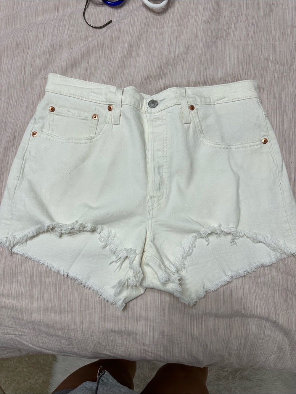 Levi's White Distressed High-Rise Denim Shorts